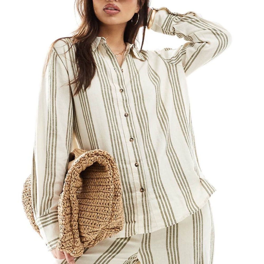 ASOS Jdy long sleeve linen mix shirt in sage and white stripes